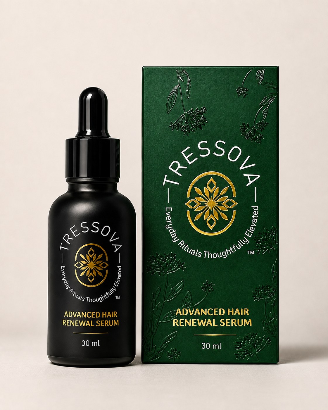 Tressova Advanced Hair Renewal Serum — 30 ml matte-black dropper bottle beside its forest-green carton